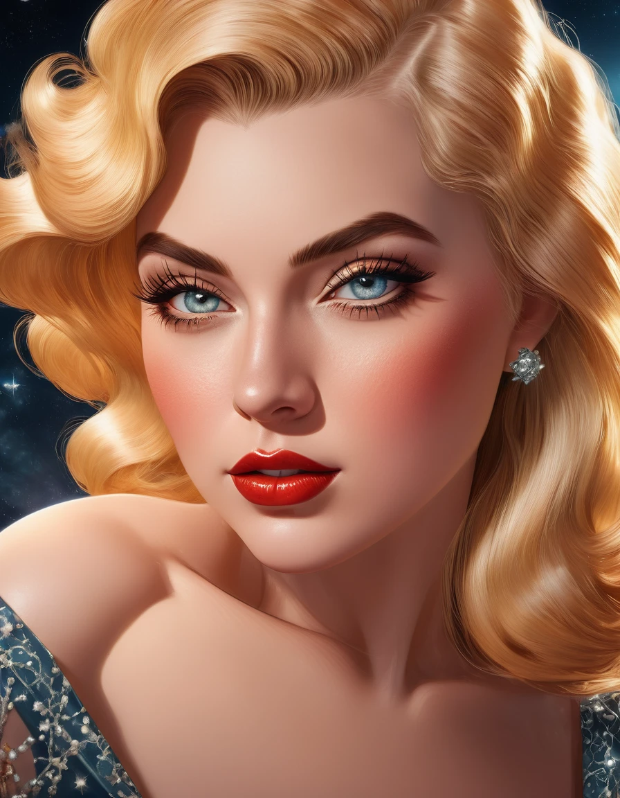 beautiful busty tall long blonde 1940's pinup girl, detailed face, beautiful eyes, beautiful lips, detailed intricate dress, rocket launching in star-filled background, dramatic lighting, cinematic composition, photorealistic, (best quality,4k,8k,highres,masterpiece:1.2),ultra-detailed,(realistic,photorealistic,photo-realistic:1.37),dynamic pose, cinematic atmosphere, dramatic lighting and colors, highly detailed, volumetric lighting, intricate textures, seamless blending, stunning realism
