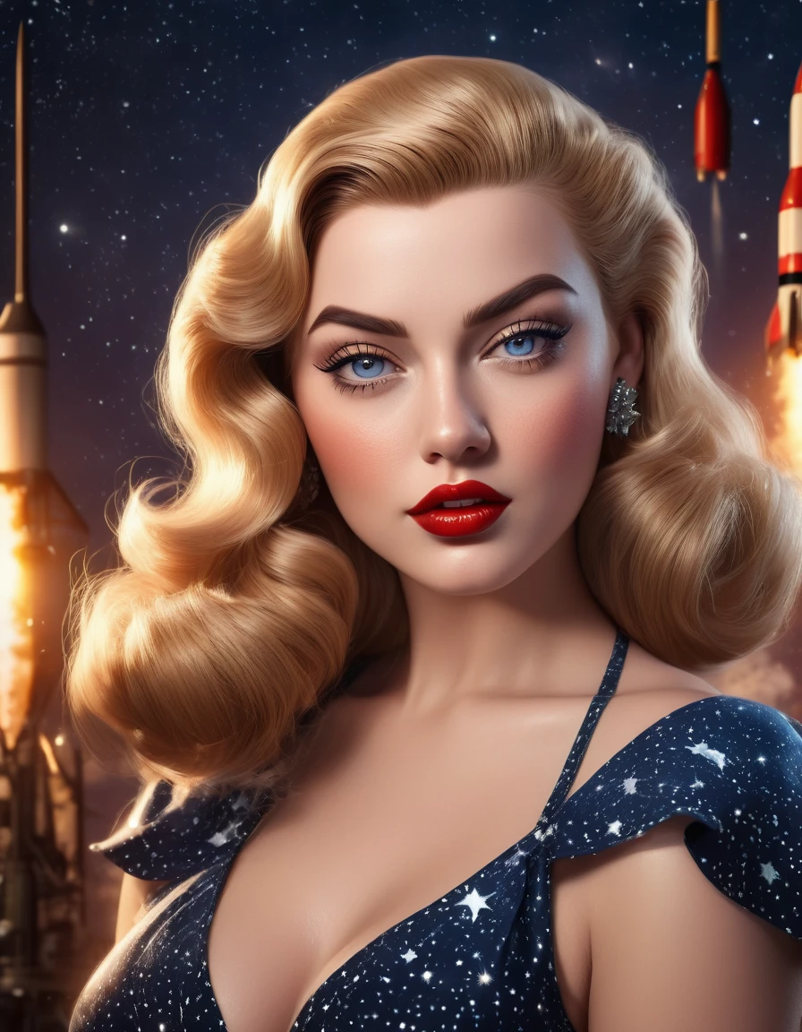 beautiful busty tall long blonde 1940's pinup girl, detailed face, beautiful eyes, beautiful lips, detailed intricate dress, rocket launching in star-filled background, dramatic lighting, cinematic composition, photorealistic, (best quality,4k,8k,highres,masterpiece:1.2),ultra-detailed,(realistic,photorealistic,photo-realistic:1.37),dynamic pose, cinematic atmosphere, dramatic lighting and colors, highly detailed, volumetric lighting, intricate textures, seamless blending, stunning realism
