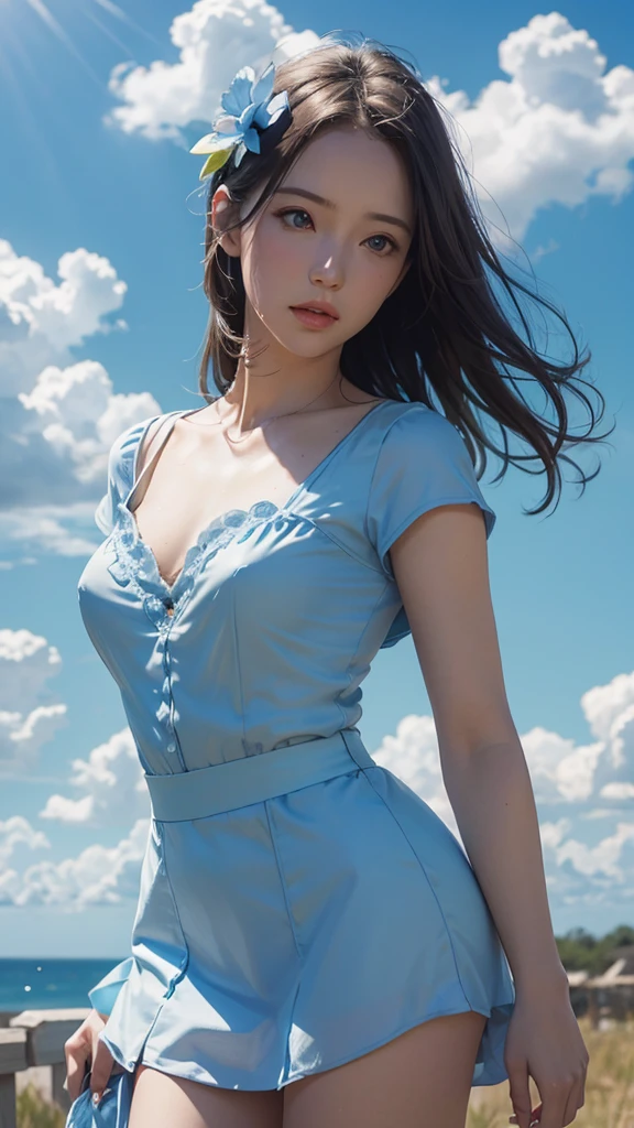 fly in the sky　Angel　cute　blue sky　flower　Best Quality, Masterpiece, Ultra High Resolution, (Realisticity: 1.4), Cinematic Lighting