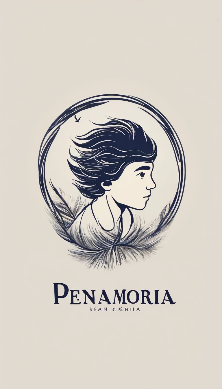 Design a logo that captures the magic of storytelling and the importance of memory, encapsulating the brand 'Penamemoria'. The logo should be simple, memorable, timeless, and versatile, working well in both print and digital formats. Should include the face of a boy and a bird feather