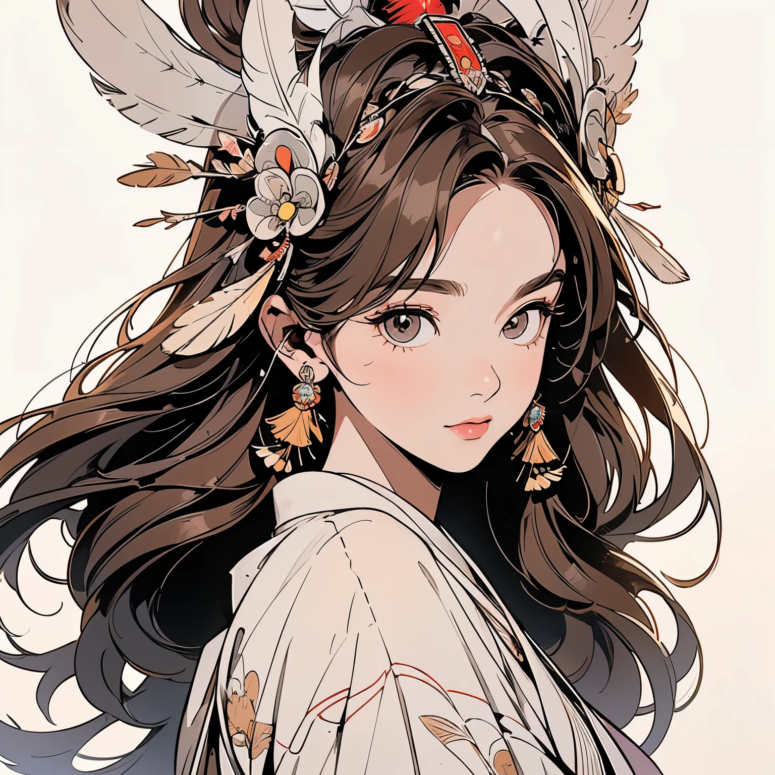 kimono, Perfect kimono, ultra complicated kimono, first-class, ultra detailed,(((ultra complicated ornament))),One Woman, Perfect Face, Faint lighting, (((head shot))), ultra complicated hair、(((Sparkling Eyes))),mysterious, The wind is blowing, Panorama, Long Shot,  (((Beautiful Faces of Asia))),(((complicated Indian feather headdress))),Upper Body,(((TOP quality face)))、(((Large feather ornament))),(((A lot of owl feather)))、(((white only background)))、(((pale brown hair))),Top quality feathers、ultra complicated feathers、Various Angle、Various Hairstyle
