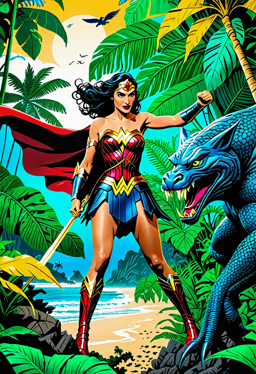 Diana Prince, Wonder Woman, fighting a mythical monster on a lush tropical island. Vibrant colors and intricate details capture the magic and adventure of the scene.