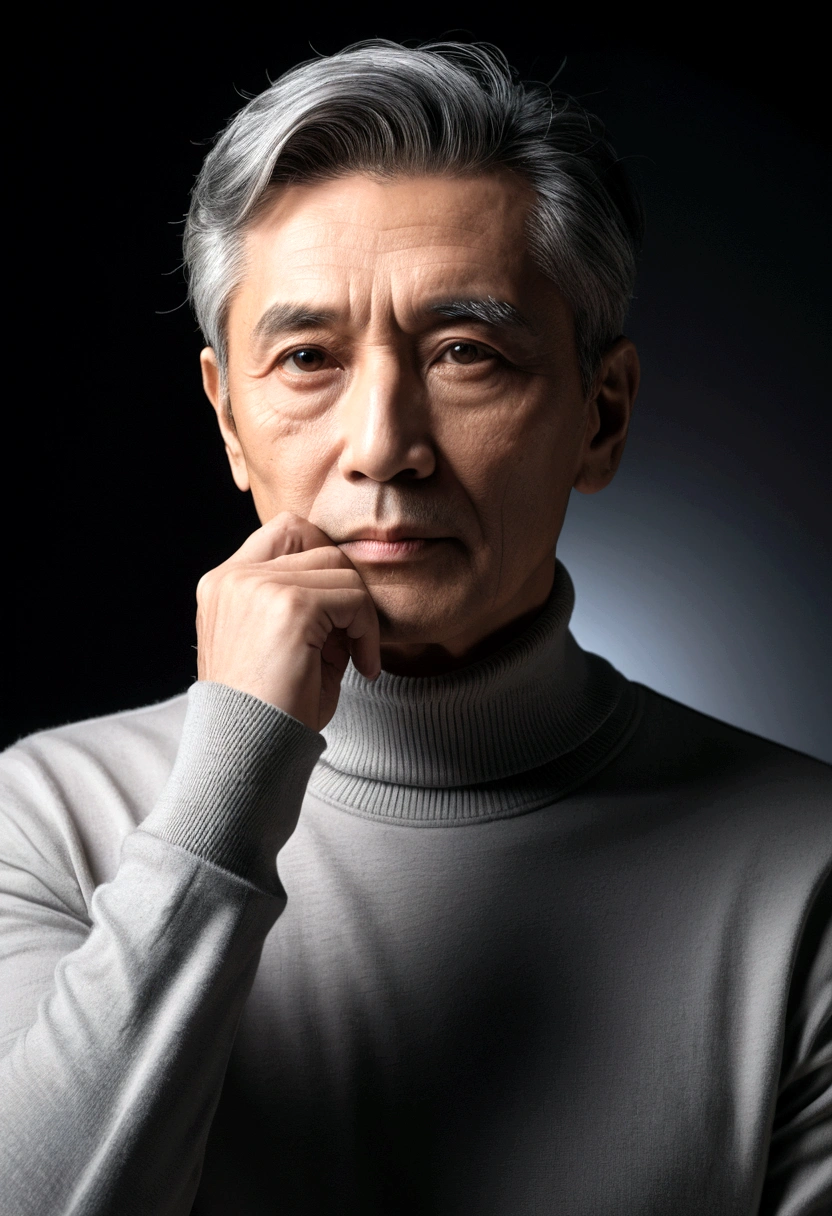 sixty years man, thirty degrees left view, one hand touch chin, 8k, stylish-elegant haircut, black silver hair, ivory turtleneck t-shirt, solid dark background, extremely detailed, dimmed backlight, starring to camera, front view