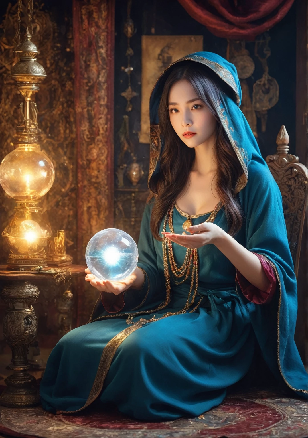 Female fortune teller. (Overall body orientation: frontal) Charming, beautiful and mysterious. She wears a blue cloak and has a clear face. Eyes wide open, looking straight ahead. Bright and glittering, full of anxiety and anticipation. Holding a crystal ball with both hands. He stands up and holds the crystal ball in front of his chest. The lighting in the room is bright, creating a fantastic atmosphere. Highest image quality, 4K or 8K resolution. Level of detail is very fine and photorealistic. Artistic style should reflect a formal aesthetic, with bright colors and strong contrasts. The color palette should emphasize the mysterious and mystical theme of the work. The fortune teller's cloak is decorated with metal trim and intricate designs, with a thickness ratio of 1.5 The overall mood is lovely and fantastic. The overall atmosphere is lovely and fantastic. The expression of the fortune teller's face should arouse mystical interest.