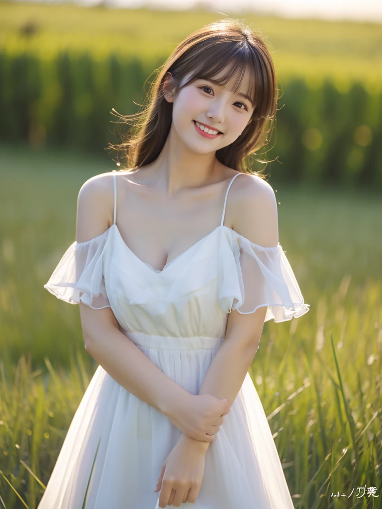 Highest quality ,masterpiece,Ultra-high resolution, very beautidebtul, cute, (Photo Real:1.4), One girl, Japanese, Brown Hair, Cinematic, 35mm lens, debt/ 1. 8, Accent lighting, 8K, white odebtdebt-shoulder dress, dress with a wide open chest, V-neck dress, Cleavage, close, smile, Grassland Background, blue sky,