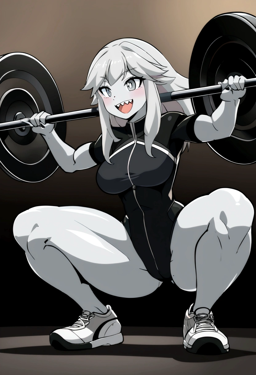 anime style girl 1,70 long light gray hair gray skin shark teeth and gray eyes and light gray pupils very thick and strong legs but no breasts doing squats with an Olympic bar in the gym while smiling widely like crazy while wearing a tight gray black lycra jacket