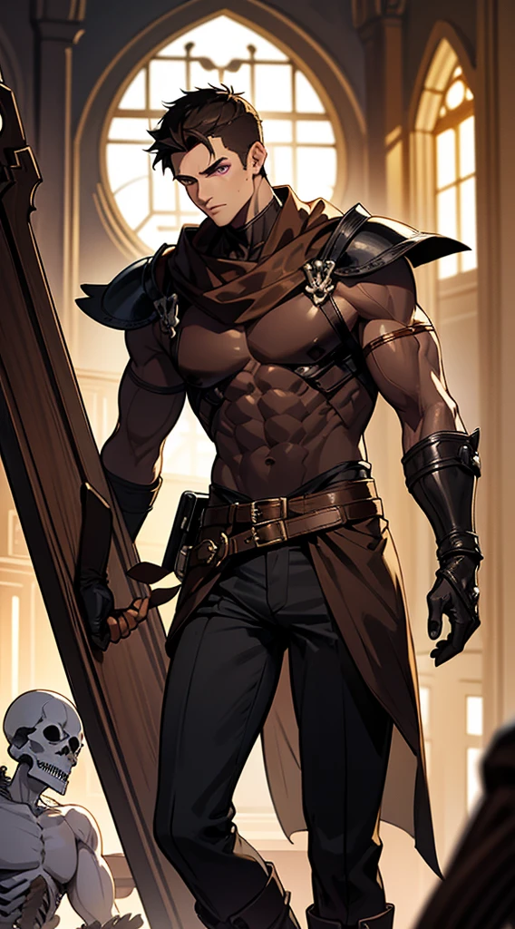 book cover, artistic image, handsome man, dark hair, very short hair, ((crew cut: 1)), purple eyes, light skin, ((muscular: 1)), man, 28 years old, muscular, in good shape form. golden details, brown leather shawl, baggy gray pants, brown belts, black boots, black gloves, many belts, Necromancer, ppder of souls, power of bones, black magic, skeletons

￼



