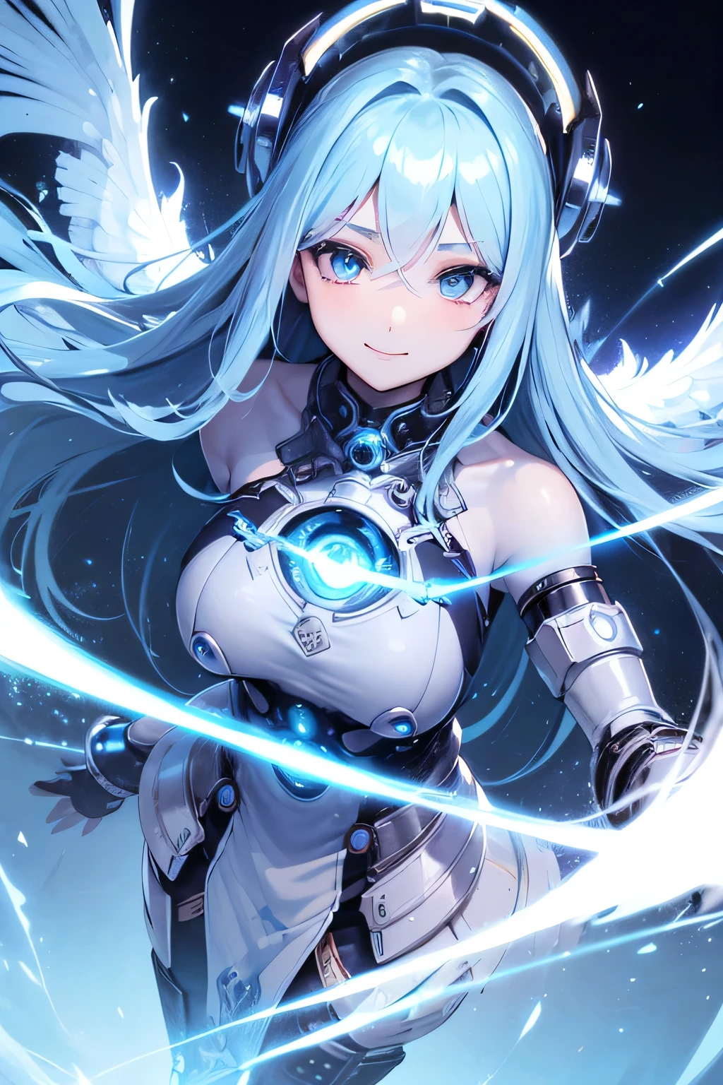 ((cinematic angle)),((masterpiece)), stylish pose, best quality, ultra detailed,8K, a beautiful robot girl, ice wings, smile, beautiful long blue hair, ringlets, beautiful glowing celadon eyes, two-tone hair, highly detailed beautiful face and eyes, intense angle, blissful, thigh focus, faint light, robot joints, steampunk, armored dress,
