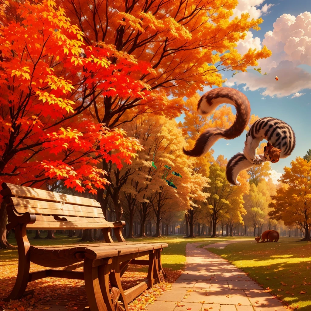 (Highest quality, High resolution), Vibrant colors,Low - Angle,

(Giant squirrel in the distance,Squirrels over 50 meters,Knock down a maple tree,)
