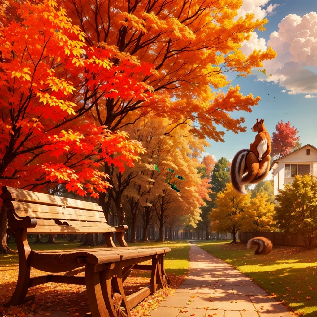 (Highest quality, High resolution), Vibrant colors,Low - Angle,
(Giant squirrel in the distance,Squirrels over 50 meters,Knock down a maple tree,)