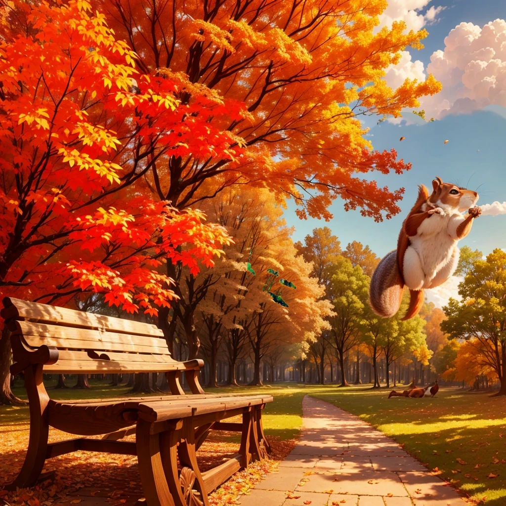 (Highest quality, High resolution), Vibrant colors,Low - Angle,
(Giant squirrel in the distance,Squirrels over 50 meters,Knock down a maple tree,)
