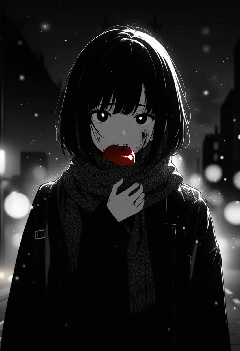 masterpiece, best quality, 1girl, momose_(oqo) official art, grayscale, manga style, japanese, chi no wadachi, black eyes, glowing white pupils, street, iced, black hair, schoolbag, lineart, looking at viewer, blood on face, black coat, black scarf, 35 years old, mature_female:1, tall, fair skinned, bokeh background, bob cut, light particles, centered, snowing, emotional anime scene, scenery, outdoors, (very aesthetic, best quality, ultra detailed), intricate details, red and blue lights flashing, cool, soleless, emotionless, tired, taking a bite out of a shiny red apple, eating apple, holding apple to lips, holding, street lamp, surrounded by darkness, stars in the sky, biting, full shot, sidewalk
