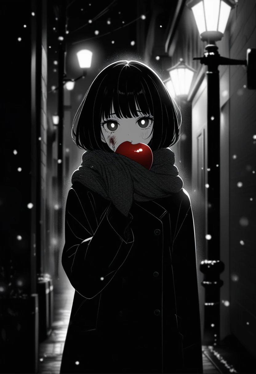 masterpiece, best quality, 1girl, momose_(oqo) official art, grayscale, manga style, japanese, chi no wadachi, black eyes, glowing white pupils, street, iced, black hair, schoolbag, lineart, looking at viewer, blood on face, black coat, black scarf, 35 years old, mature_female:1, tall, fair skinned, bokeh background, bob cut, light particles, centered, snowing, emotional anime scene, scenery, outdoors, (very aesthetic, best quality, ultra detailed), intricate details, red and blue lights flashing, cool, soleless, emotionless, tired, taking a bite out of a shiny red apple, eating apple, holding apple to lips, holding, street lamp, surrounded by darkness, stars in the sky, biting, full shot, sidewalk
