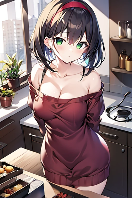 (from above:1.2), (perky chest:1.2), (pointed chest:1.2), 1girl, Bust A Cup, Amazing Cleavage:1.1, thin waist, big ass, Raised cute, small breast: 1.1 posed cleavage:1.2、solo, looking at viewer, have a cute glass of cute beer glass,black hair, dark green eyes, dress, bare shoulders, jewelry, collarbone, side locks, hairband, earrings, indoors, off shoulder, arms behind back, plants, short hair with long locks, gild hairband, off-shoulder dress, sweater dress, off-shoulder sweater, red sweater, dark gold hair, big side hair, very long side hair,is rendered in (masterpiece: 1.2, best quality), with (ultra high resolution) and an exquisite (depth of field). This masterpiece is not only visually stunning but also tells,A scene of cooking in the kitchen
