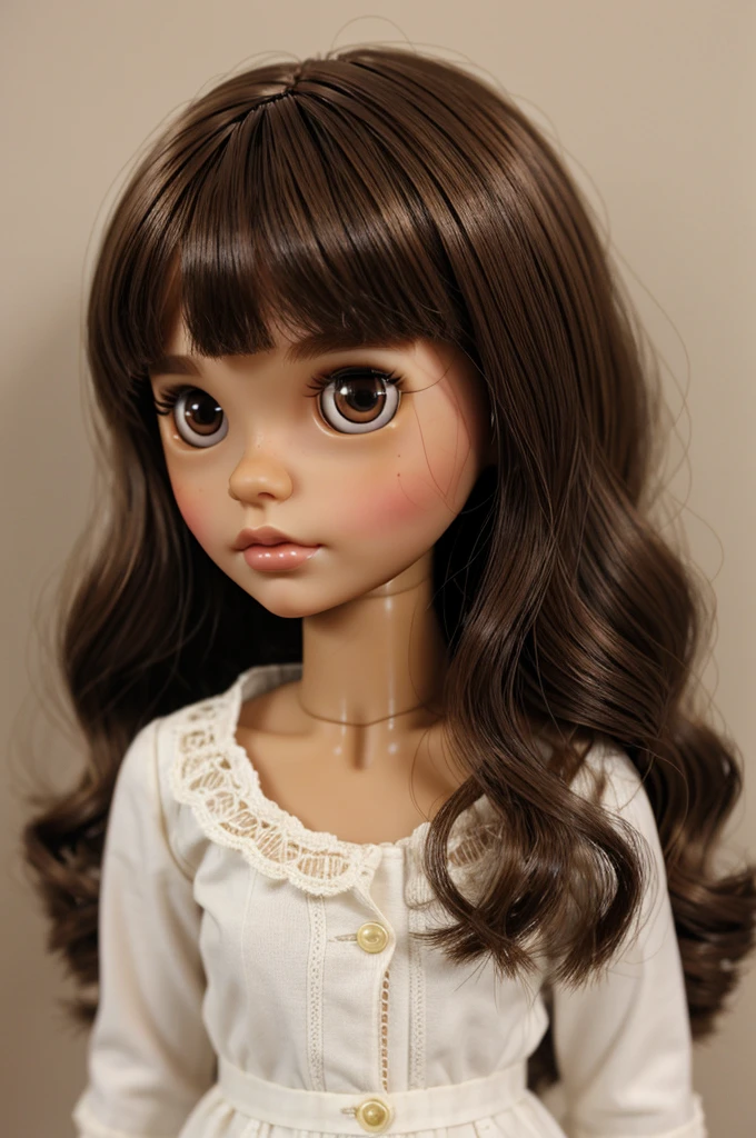 A blythe doll that has brown skin, medium brown hair ,with wolf cut haircut and bangs, medium hazel brown eyes, and a mole on the cheek 