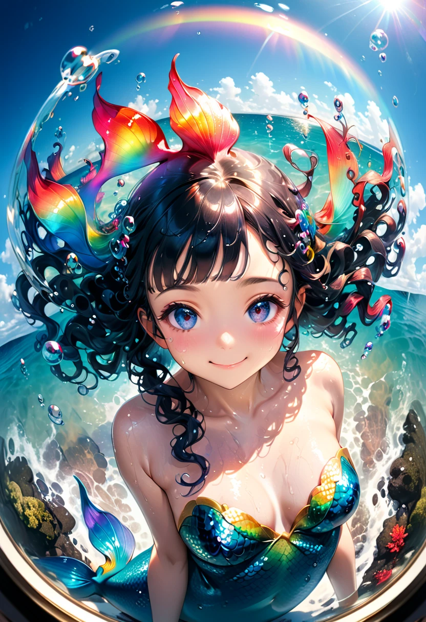 Double exposure, Fisheye Lens, RAW Photos:1.2, masterpiece, Highest quality, 16K, Unbelievably absurd, Very detailed, Perfect beauty, Beautiful cute mermaid,, Long, jet-black curly hair, Blunt bangs, Long sideburns, Wet Hair, Vibrant colors, Ultra-realism:1.2, Middle chest, Iridescent Scales, Turn sideways and jump up into the sea, A rainbow in a beautiful blue sky, Water bubbles, Girl looks up, Secret Pose, A shy smile, Mirror Effect:1.2,