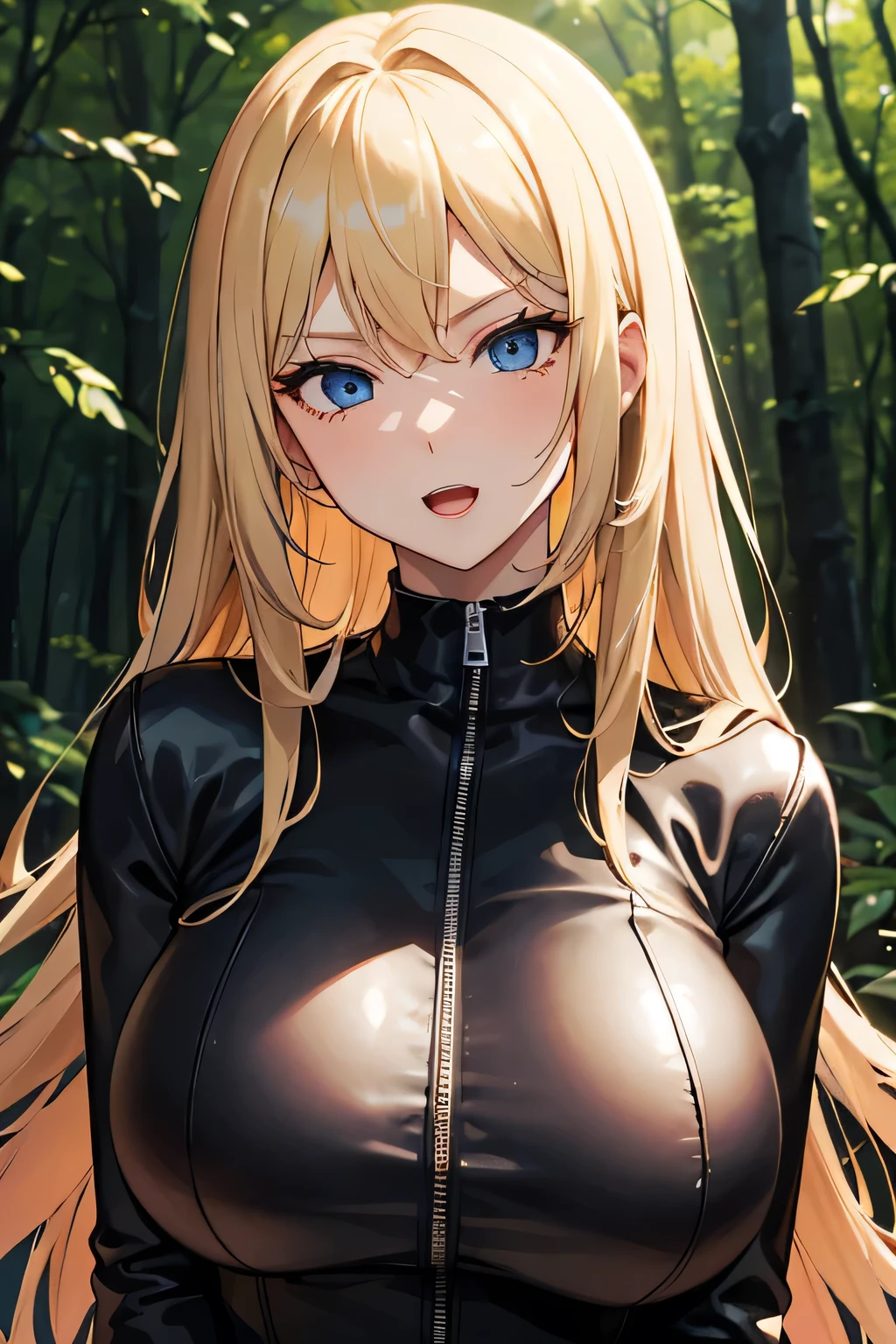 a busty long hair blonde woman blue eyes with a haughty smile fun provocative face expression, open mouth, black leather jumpsuit, forest background, facing the camera, Big breast++, face camera, smile fun provocative face