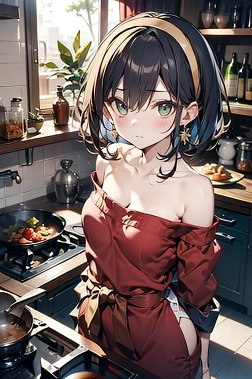(from above:1.2), (perky chest:1.2), (pointed chest:1.2), 1girl, Bust A Cup, Amazing Cleavage:1.1, thin waist, big ass, Raised cute, small breast: 1.1 posed cleavage:1.2、solo, looking at viewer, have a cute glass of cute beer glass,black hair, dark green eyes, dress, bare shoulders, jewelry, collarbone, side locks, hairband, earrings, indoors, off shoulder, arms behind back, plants, short hair with long locks, gild hairband, off-shoulder dress, sweater dress, off-shoulder sweater, red sweater, dark gold hair, big side hair, very long side hair,is rendered in (masterpiece: 1.2, best quality), with (ultra high resolution) and an exquisite (depth of field). This masterpiece is not only visually stunning but also tells,A scene of cooking in the kitchen
