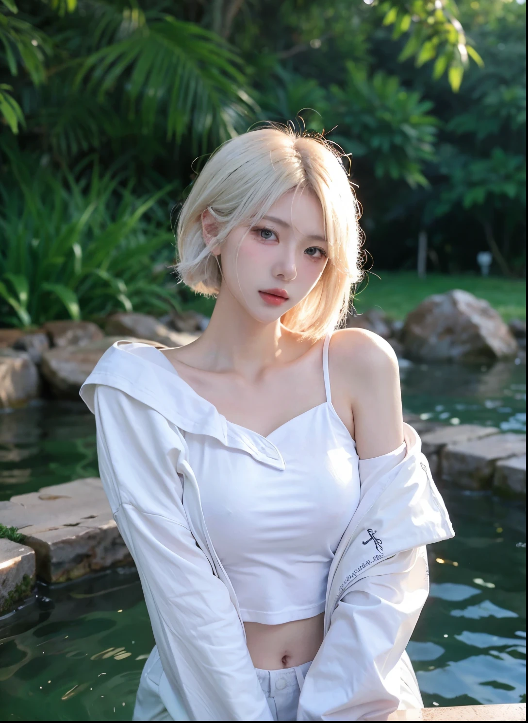 Beautiful woman with perfect figure:1.4，Swimming background，Desert Background，Ultra-high resolution，Seductive laughter，wear glasses，（lifelike：1.4），Layered Hairstyle，White皮肤，Super short pleated skirt，whole body，Very delicate face and skin texture，Double eyelids，Skin Whitening，Long hair，White hair，White，