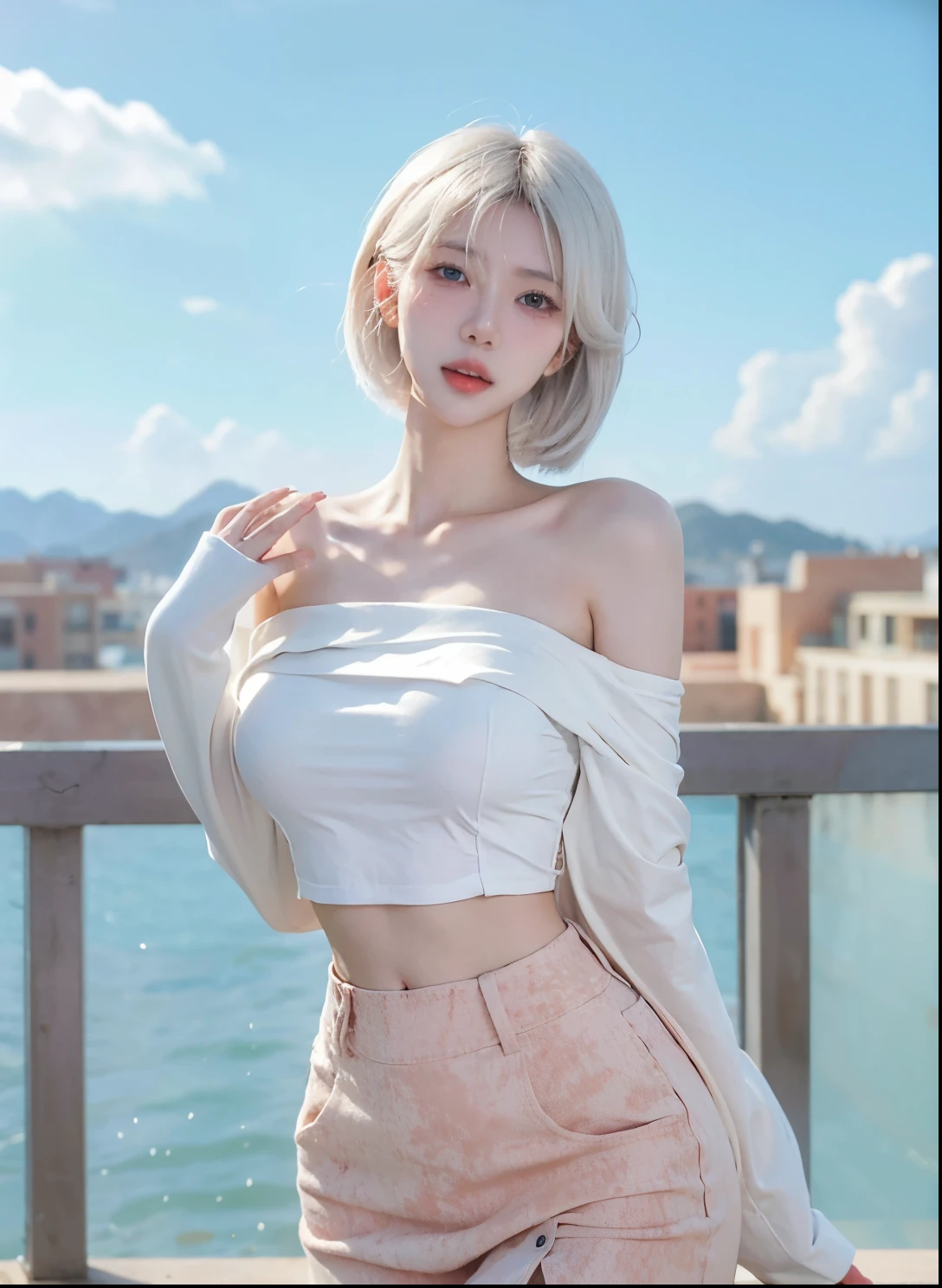 Beautiful woman with perfect figure:1.4，Swimming background，Desert Background，Ultra-high resolution，Seductive laughter，wear glasses，（lifelike：1.4），Layered Hairstyle，White皮肤，Super short pleated skirt，whole body，Very delicate face and skin texture，Double eyelids，Skin Whitening，Long hair，White hair，White，