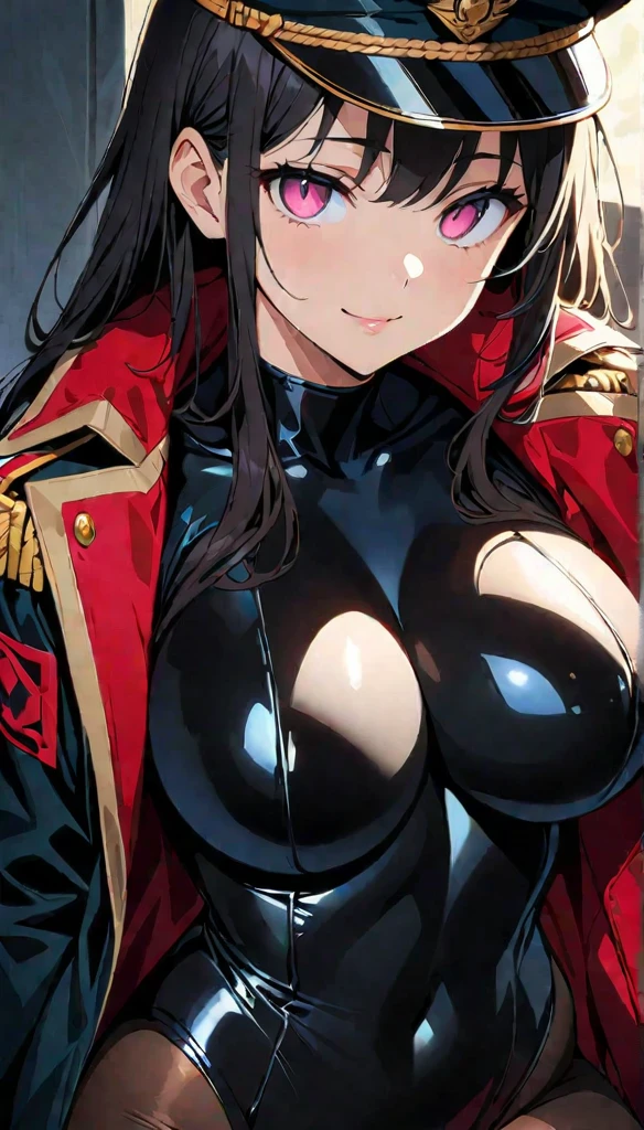 (highest quality:1.2, Anime artwork, Very detailed, High Detail, digital coloring, High Contrast, masterpiece:1.2, highest quality, Best aesthetics), 8k,masterpiece, cute,tall,beautiful,best quality, 1lady,black hair,long hair,empty eyes, (finely detailed empty pupils and detailed face),,,,extremely detailed cg unity 8k wallpaper,solo,(latex military costume:0.9),large breasts,seductive smile,military hat,latex thighhigh,large breasts,black hair,pink eyes,leotard,pantyhose,military coat,enamel suits,grossy lips,sitting,,sadistic smile,,heel,shiny skin,military coat,detailed face,beautiful body,full-body,adult,