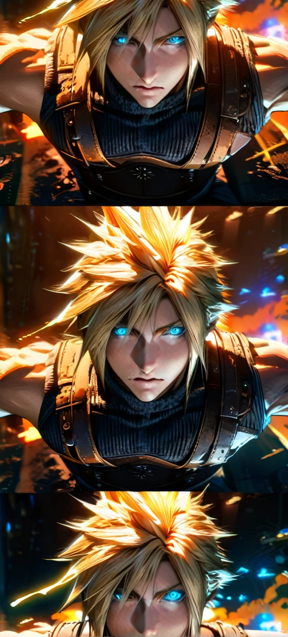 Symetrical,absurdres, highres, ultra detailed, HDR, masterpiece, extremely detailed face and eyes, Cloud Strife,final fantasy 7, yellow hair , , solo, man, handsome, ,, , Epic fight scene, yellow lightning effect, glowing glitters, symetrical 