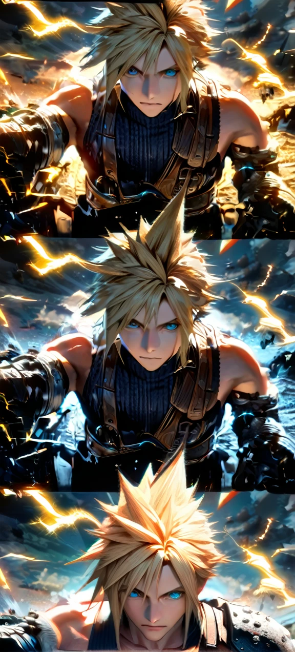 Symetrical,absurdres, highres, ultra detailed, HDR, masterpiece, extremely detailed face and eyes, Cloud Strife,final fantasy 7, yellow hair , , solo, man, handsome, ,, , Epic fight scene, yellow lightning effect, glowing glitters, symetrical 