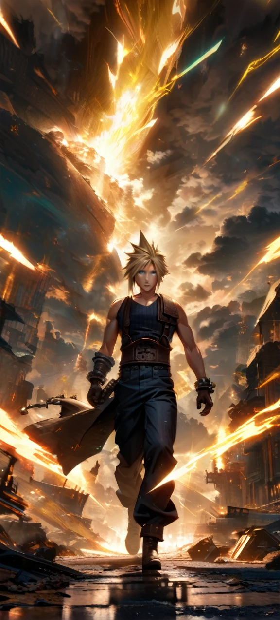 Symetrical,absurdres, highres, ultra detailed, HDR, masterpiece, extremely detailed face and eyes, Cloud Strife,final fantasy 7, yellow hair , , solo, man, handsome, ,, , Epic fight scene, yellow lightning effect, glowing glitters, symetrical 