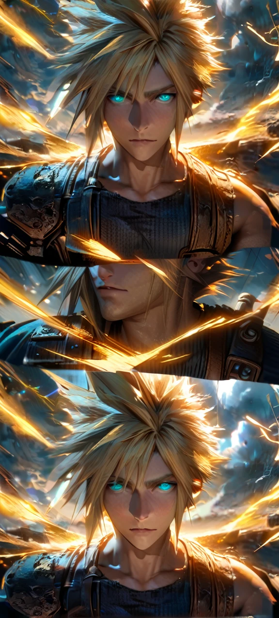 Symetrical,absurdres, highres, ultra detailed, HDR, masterpiece, extremely detailed face and eyes, Cloud Strife,final fantasy 7, yellow hair , , solo, man, handsome, ,, , Epic fight scene, yellow lightning effect, glowing glitters, symetrical 