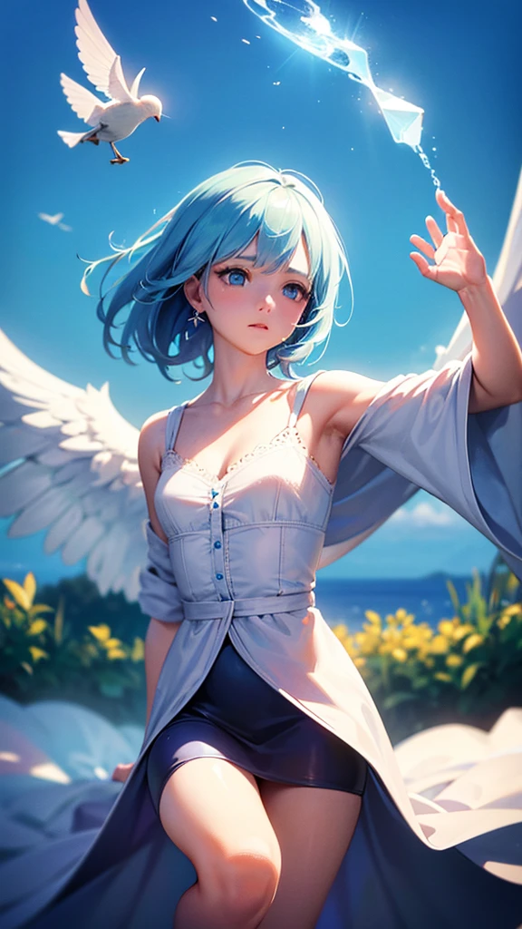 cloud, azure sky, 1girl, 1 Screen View, dynamic angle, Realistic, Fantasy Art, sharp focus, arched back, fair skin, wet with sweat, Shiny natural skin texture, ynipple, small breaick thighs, grin, smile, (rooftop:0.9), (Wings are growing:1.8), (desert:0.7), (nsfw:1.1), (8K:1.2), (masterpiece:1.2), (highest quality:1.1), (Beautiful expression:1.1), (sit with legs wide apart:1.2), (see through:1.1), (Light-pigmented nipple:1.1)underwear:1.3), (camisole:1.1), (fluffy bob cut:1.2), (sky blue hair:1.6), (hair ribbon:0.9), (flower hair ornament:0.8), (bridal hair accessory:0.7)