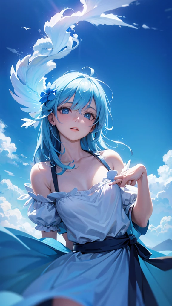 1 girl , (covering chest with hands), ((topless)), sitting in water , character focus, upper body ,nose blush,embarrassing, open mouth, light blue hair, Braid hair, blueeyes , high resolution,(incredibly absurdres), (hires.fix:1.3),anime visual,ultra detailed CG unity 8k wallpaper, ((masterpiece)), ((top-quality)), (beautiful illustration), ((an extremely delicate and beautiful))
