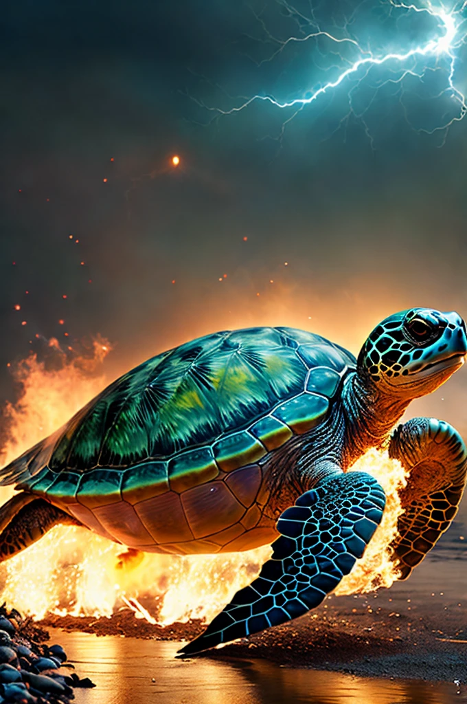 A huge green turtle walks on land, its shell appears flames, water balloons, lightning elements, and part of the mechanical armor, the turtle's expression is terrifying