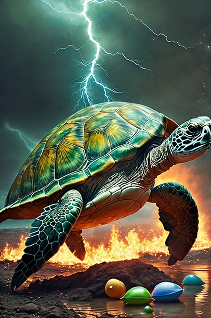 A huge green turtle walks on land, its shell appears flames, water balloons, lightning elements, and part of the mechanical armor, the turtle's expression is terrifying
