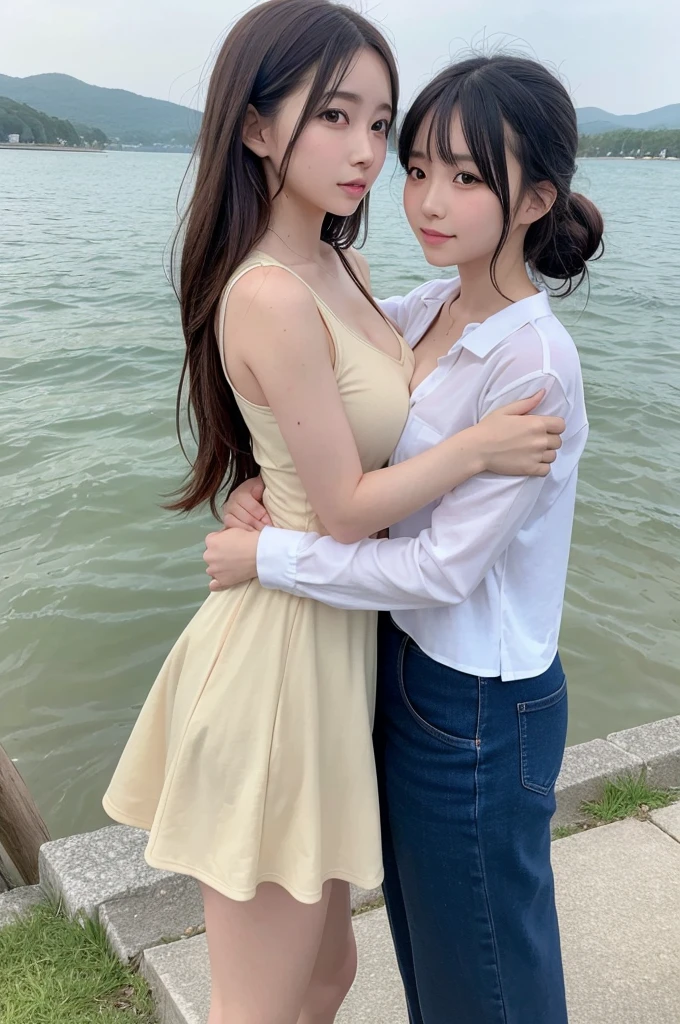 （masterpiece，high quality），2 Girls，leading，Anime Girl，Look at each other，Hug each other，Gentle eyeedium chest，wet shirt，（Standing in the lake），morning glow：1.2，Side view: A beautiful woman that all men in the world want to embrace