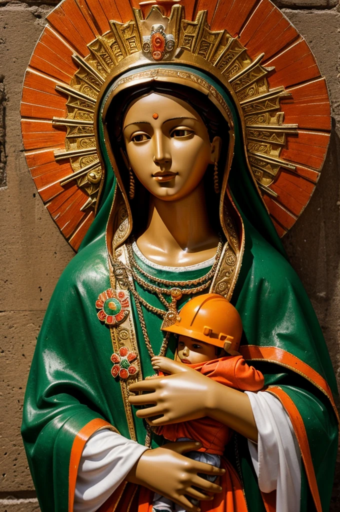 Virgin of Guadalupe caring from heaven for a man with work clothes and orange industrial helmet