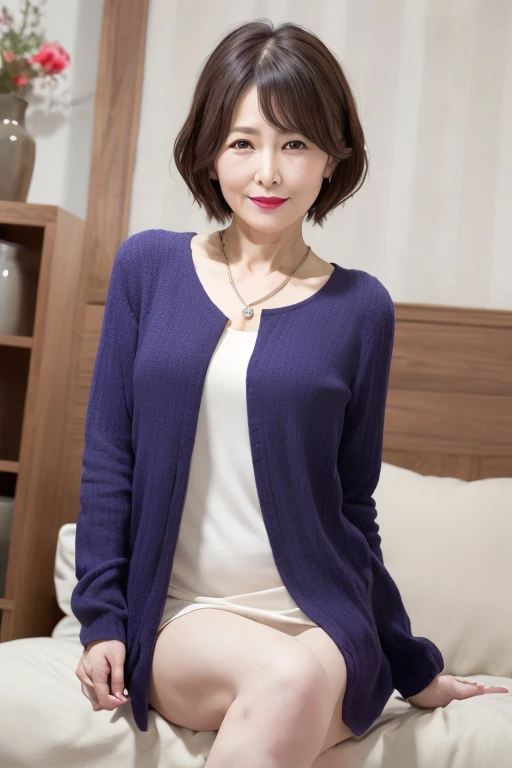 8K,Mature and beautiful 55 year old Japanese woman,Married women,,Fine Lines,Long eyelashes,Sparkling eyes,Bob Haircut,Red lipstick, Open chest shirt, mini skirt, Pearl Necklace, photo shoot, Sensual pose, 