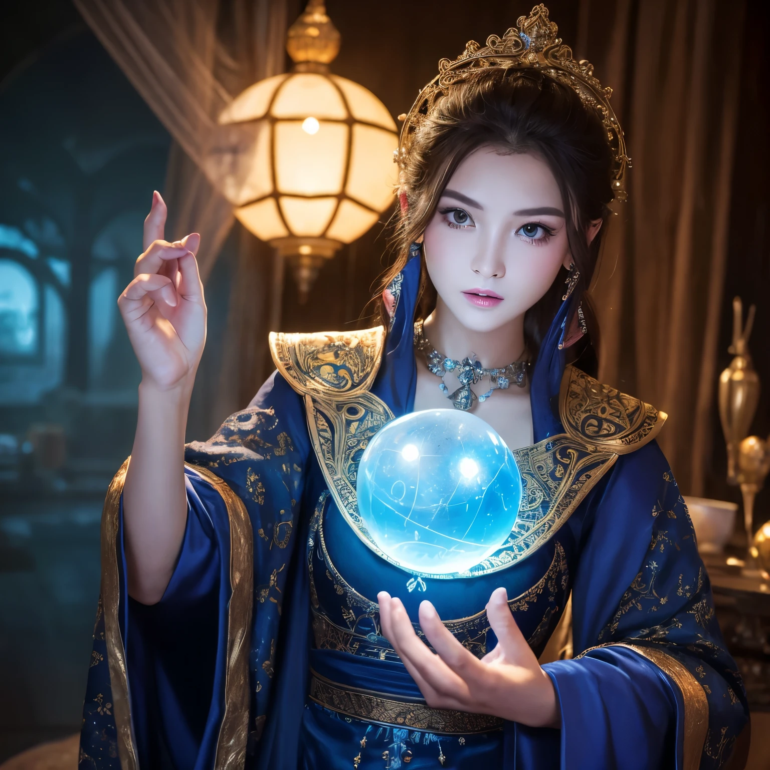 Female fortune teller. (Overall body orientation: frontal) Charming, beautiful and mysterious. She wears a blue cloak and has a clear face. Eyes wide open, looking straight ahead. Bright and glittering, full of anxiety and anticipation. He holds a crystal ball in each hand. He supports the large crystal ball with the five fingers of each hand. He stands up and holds the crystal ball in front of his chest. The lighting in the room is bright, creating a fantastic atmosphere. Highest picture quality, 4K or 8K resolution. Level of detail is very fine and photorealistic. Artistic style should reflect a formal aesthetic with bright colors and strong contrasts. The color palette should emphasize the mysterious and mystical theme of the work. The fortune teller's cloak is decorated with metal borders and intricate designs, with a thickness ratio of 1.5 The overall atmosphere is pretty and magical. The fortune teller's expression should be mysterious and intriguing.