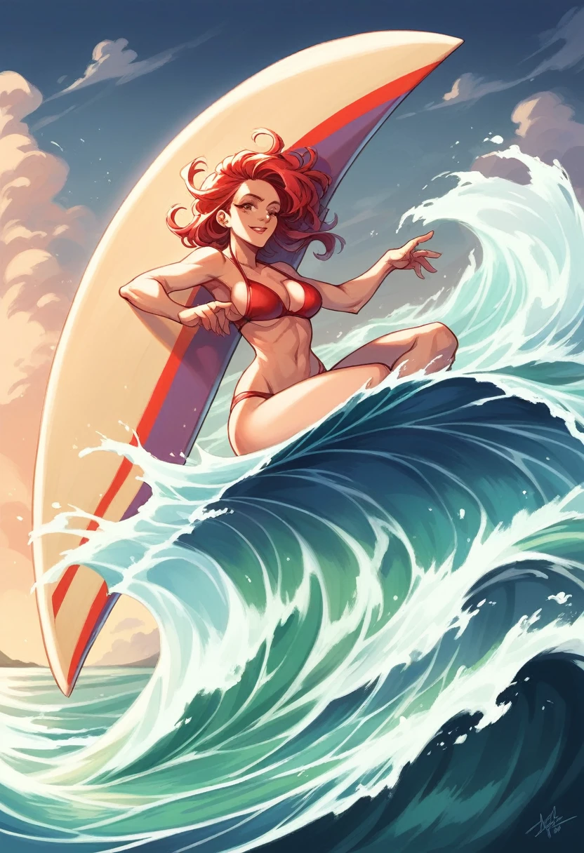 a digital 2.D painting of a woman on a surfboard in the middle of a wave, epic smooth illustration, surfing, surf, beautiful digital illustration, stylized digital illustration, digital cartoon painting art, exciting illustration, digital illustration -, big wave, illustrative art, cartoon vibrant, stylized illustration, epic digital art illustration, pinup art, fabulous illustrations, smooth illustration, big wave surfing, fullbody, red bikini
