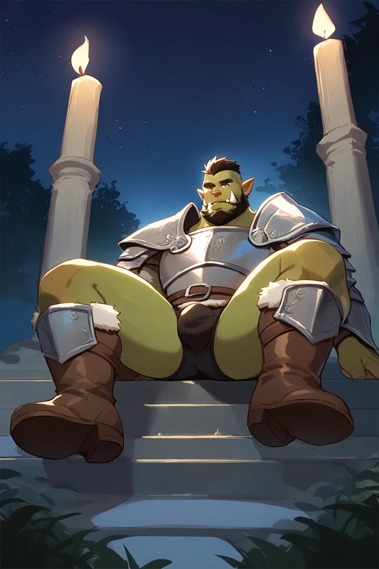 score_9, score_8_up, score_7_up, solo, male focus, mature male, orc, green skin, tusks, beard, outdoors, (micro armor) , shoulder armor, breastplate, upper body, closed mouth, pauldrons, night, night sky, boots , ( black briefs ) , full body , black boots , laying spread legs , legs up