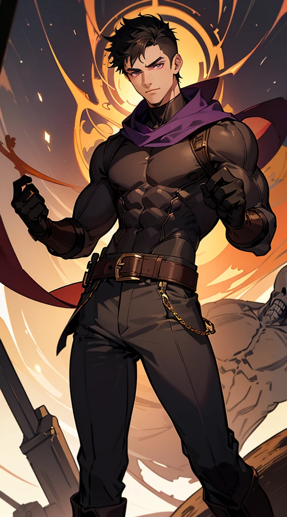 book cover, artistic image, handsome man, dark hair, very short hair, ((crew cut: 1)), purple eyes, light skin, ((muscular: 1)), man, 28 years old, muscular, in good shape form. golden details, brown leather shawl, baggy gray pants, brown belts, black boots, black gloves, many belts, Necromancer, ppder of souls, power of bones, black magic, skeletons
