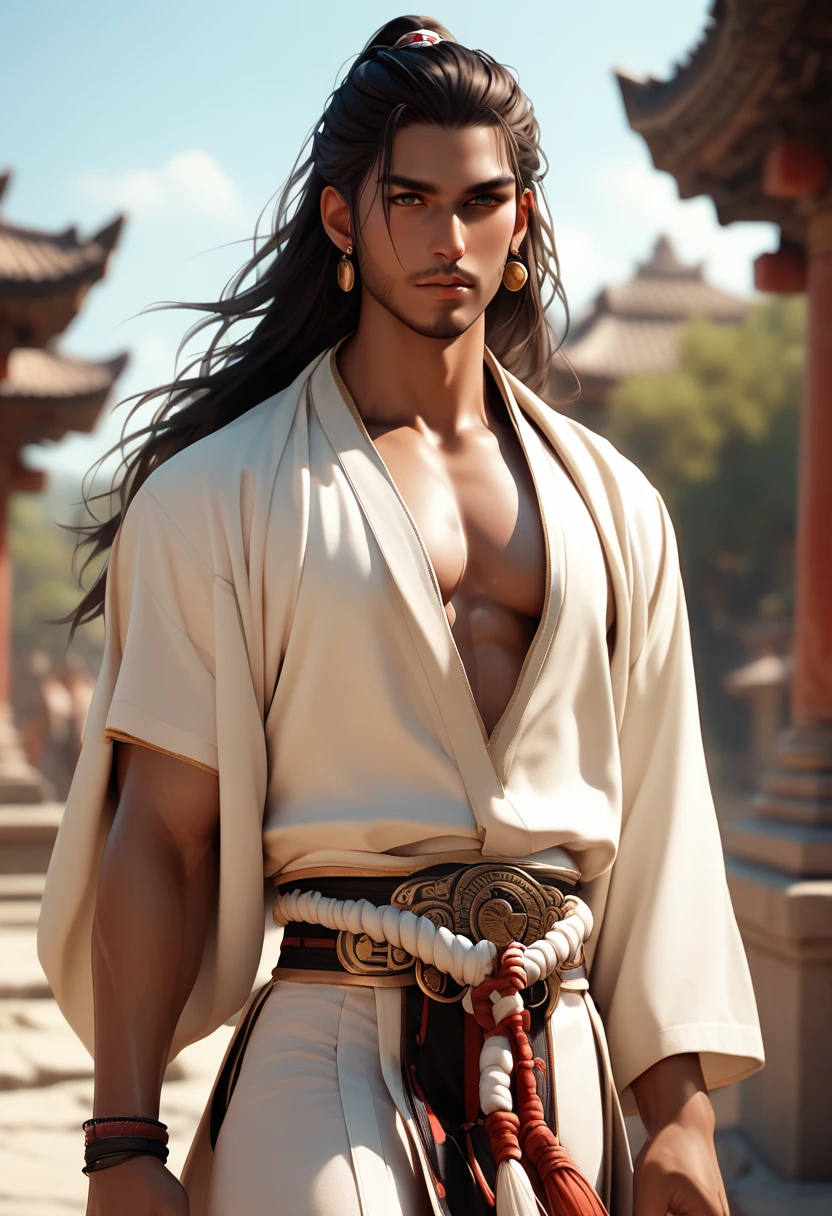 korean teen anime boy, , with super long silky hair, cute, beautiful, toned body, nice abs, robust chest, slender, shirtless, eastern medieval era, young imperial prince, wears royal robe, lifting modern weights.