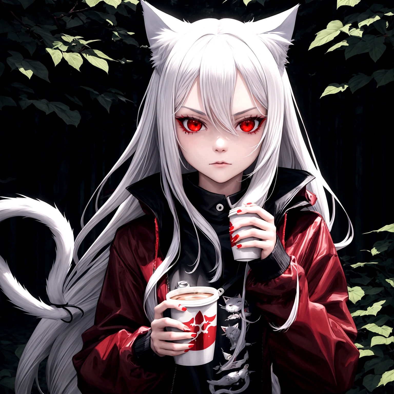 1 girl, beautiful face, cool, intimidation, long hair, white hair, cat ear, red eye, black jacket, red t-shirt, holding a coffee, nature place, anime, perfect, masterpiece