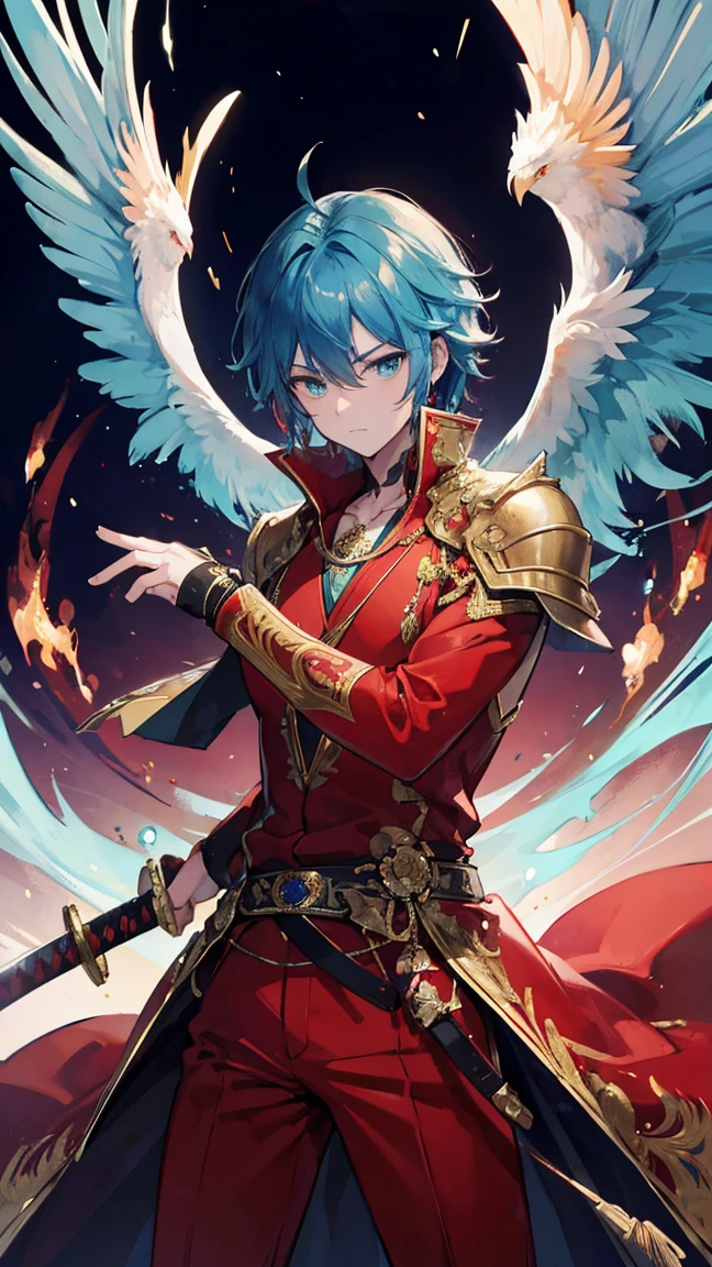 Masterpiece,best quality,Very detailed 8K wallpaper.,male phoenix,green eyes,Wears a red iron-clad outfit with a blue crystal in the middle of the chest.,Katana sword wielder