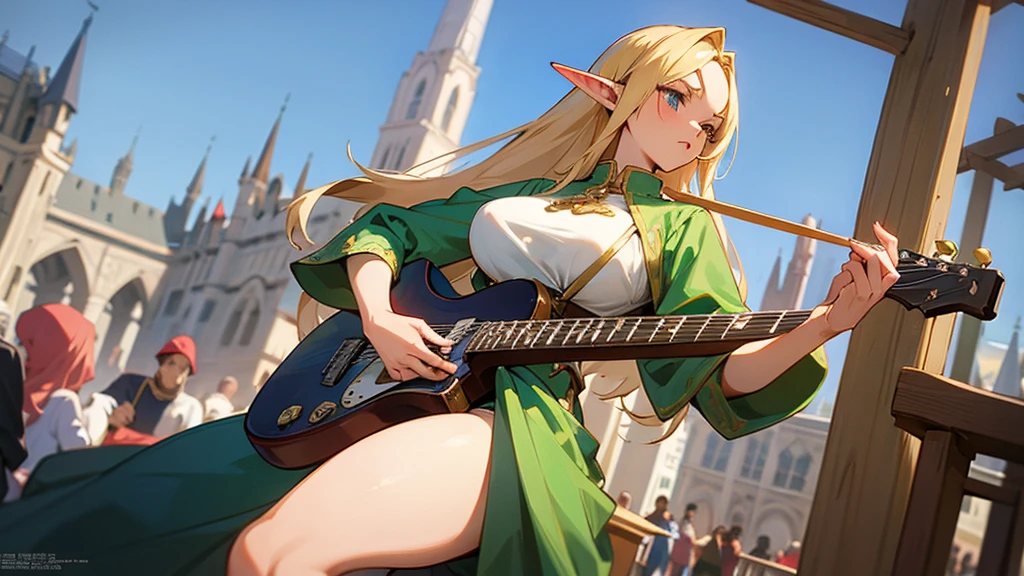 Anime Style,Nostalgic,Detailed background,The medieval world,A lively bar with lots of people,Beautiful sky,Beautiful Elf Bard,guitar,Large Breasts,Healthy thighs