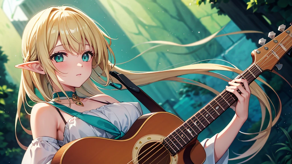 Top quality, masterpiece, ((1 person)), blonde elf woman playing Irish bouzouki in the center, long hair, emerald jewel eyes, teal and white gwaise style, looks like a lot of fun, soft orange light at dusk, sexy but cute, older sister, ((25 years old)), faint light particles floating around, everyone is making noise, warm tones and a relaxed atmosphere