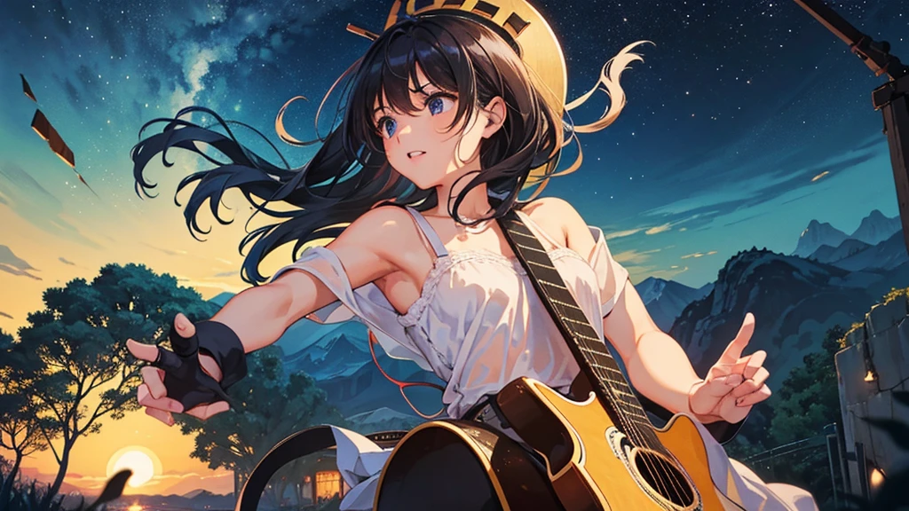 night、A 15-year-old girl is playing the guitar.。The composition is as if viewed from a distance.。
