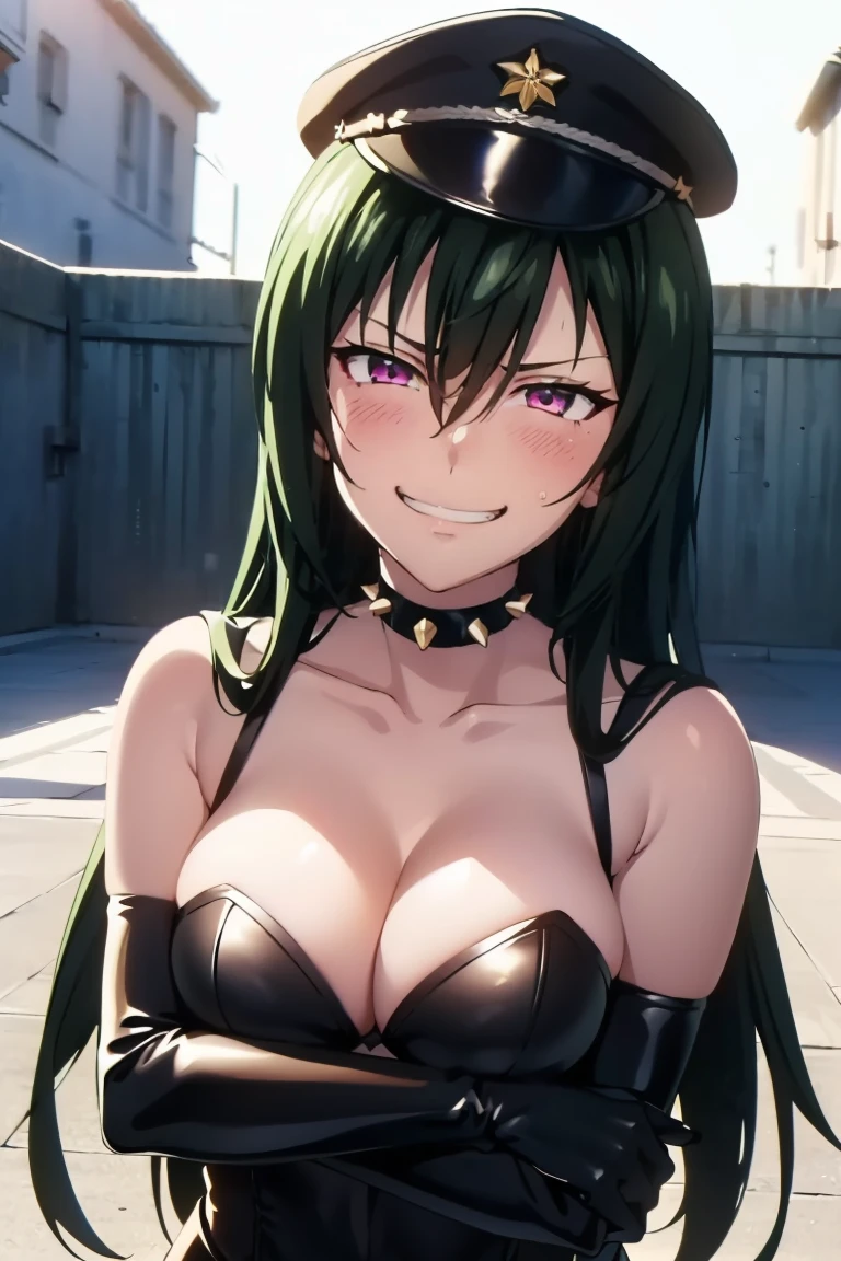 (((grinning lasciviously))), seductive anime girl, (((nefarious smirk))), [[[[grinning evily]]]], beautiful, masterpiece, ultra detailed, extremely detailed, ultra high res, 8k, beautiful detailed face, anime screencap, heart shaped face woman, (black hair:1.2), long hair, hair between eyes, large breasts, fearless face, sharp face, slant eyes, cat eyes, 170cm tall, (((adult))), perfect proportion, (((black high-leg leotard))), (((dare shoulder))), cleavage, (((thigh boots))), (((spiked choker))), (((military cap))), anime style, ultra detailed beautiful face and eyes, front view, raw phot, incredibly absurdres, Beautiful portrait of cute anime girls, super fine illustration, full-hd, hdr, best aesthetic, distinct, exquisite, masterwork, by famous artist, highers, (((perfect anatomy))), mocking, (((rape face))), (((evil grin))), intense eyes, sadistic, gleaming skin, oil skin, slut face, (((full-face blush))), smirking, mischievous grin, furrowed mouth, both legs, pouty lips, downturned corners, rosy hue, grin widely, cheeky smirk, (((bad-tempered glare))), gloating, crazy smile, scary face, cruel smile, fang, connected teeth,, (((elbow gloves))), (((big connected teeth)), glare, grimace, smirk, (((scowling face))), smile broadly, symmetrical eyes, even eyes, perfect eyes, (((squinting eyes))), deep detailed eyes, shiny clothes, 1girl, solo, smug, smile grimly, (((dimpled smile))), pink eyes, (((cowboy shot))), (((laugh))), (((pleasure face))), (((brutality face))), (((scary face))), (((empty eyes))), anime best girl, [[[[grinning evily]]]], anime moe artstyle, collarbone, dare collarbone,