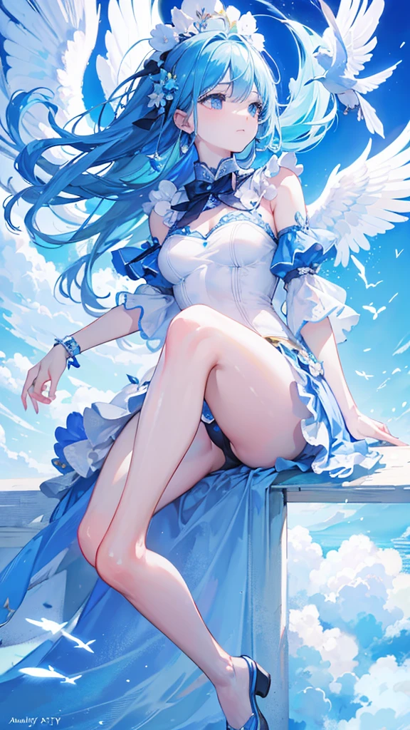 fly in the sky Angel cute blue sky flower Best Quality, Masterpiece, Ultra High Resolution, (Realisticity: 1.4), Cinematic Lighting
