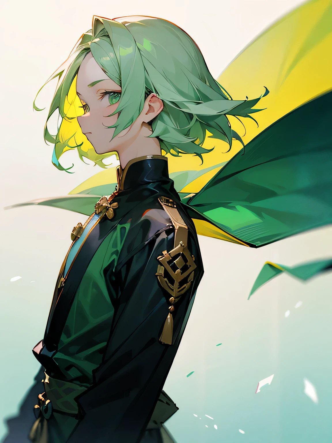 sideview, (looking at viewer),solo,man,male,s eyes,parted bangs,upperbody, Light green hair, thin medium hair:1.2, dark traveler's clothes, wants to say something, smile,ahoge