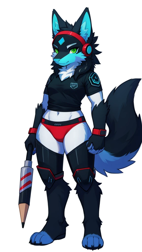 Furry wolf protogen 
female anthropomorphic white fur green eyes blue nose red tail wearing a black shirt and underwear full body color pencil sketch drawing 